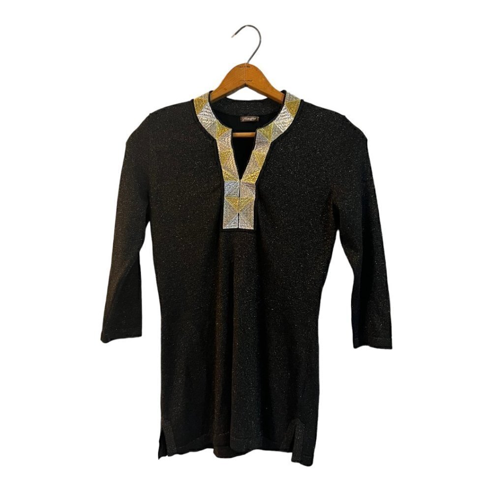 J. McLaughlin Tunic Top Geometric Embroidered Black Women's Size XS Cotton Modal